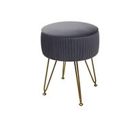 Pouf Hwc-K47, Tabouret Avec Compartiment De Rangement, Ø 33cm, Aspect Velours Gris Clairs, Piètement Or Multicolore