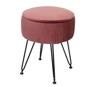 Pouf HWC-K47 - tabouret avec compartiment de rangement - Ø 33cm - aspect velours - rose - piètement noir