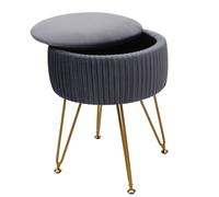Pouf HWC-K47, tabouret avec compartiment de rangement, Ø 33cm, aspect velours gris clairs, piètement or