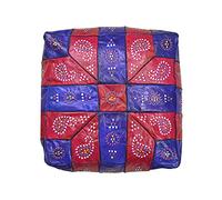 Pouf marocain en cuir, design ethnique rouge et bleu, 42 x 42 x 28 cm, assise, repose-pieds, table, tabouret décoratif oriental avec rembourrage