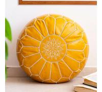 Pouf marocain en cuir pour le salon - Housse de pouf rond en cuir - Pouf ottoman en cuir non rembourré - Pouf marocain en cuir (jaune)