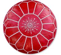 Pouf marocain en cuir véritable - rouge et blanc - fait main - livré rempli - Ottoman Pouf repose-pieds