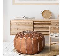 Pouf marocain rond rembourré en cuir de chèvre véritable fait à la main, 45 couleurs, pour salon, cocktail, mobilier tribal bohème marron clair