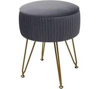 Pouf Hwc-K47, Tabouret Avec Compartiment De Rangement, Ø 33cm, Aspect Velours Gris Clairs, Piètement Or Multicolore