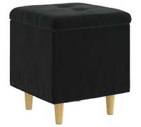 Pouf Ottoman avec Rangement Velours Noir 40x40x45 cm | Velours capitonné, pieds bois marron, compartiment dissimulé, assise d'appoint, entretien par aspirateur