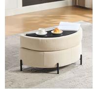 Pouf Ottoman en Chenille, Banc de Rangement avec Plateau - Repose Pieds - 86x47x43cm - Beige
