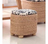 Pouf ottoman, repose-pieds rembourré avec compartiment de rangement en rotin pour meubles d'intérieur en tissu, 28 x 22 x 27 cm