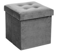 Atmosphera - Pouf coffre pliant Lysandre - Velours gris souris, 38 x 38 cm, assise capitonnée