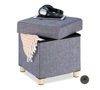 Pouf Relaxdays avec rangement, rembourrage moelleux, matelassé, revêtement en tissu, cube 40×38×38 cm, gris