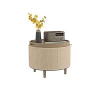 Pouf repose-pied tabouret avec coffre de rangement - plateau réversible - pieds bois tissu aspect lin beige