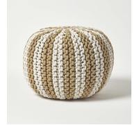 HOMESCAPES Pouf tressé Rond Beige et Blanc, Repose-Pieds, Pouf Beige en Tricot 35 x 40 cm