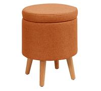 Pouf rond élégant en lin marron avec pieds en bois - Repose-pieds de rangement polyvalent pour salon, chambre à coucher et coiffeuse - Chaise d'appoint de 32 cm