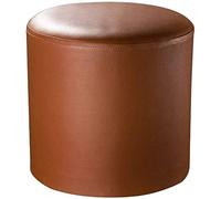 Pouf rond en cuir ottoman, petit banc en bois massif pour salon, table basse tapissée marron, dimensions 33 x 33 x 34 cm, décoration d'intérieur élégante.