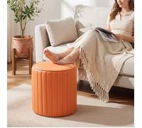 Pouf rond simili cuir orange à surpiquures verticales, petit tabouret confortable design moderne pour décoration intérieure