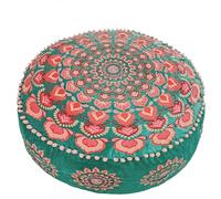 Pouf rond vert avec broderie en velours - Coussin de sol doux et brodé avec design marocain, 60 cm de diamètre, idéal pour le salon, la chambre à coucher ou la salle de méditation