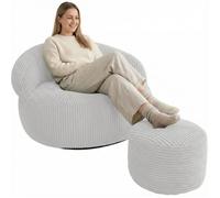 bananair - Pouf Salon & Chambre en Velours Côtelé avec Repose Pieds - Pouf Fauteuil XXL Doux & Élégant - Housse Lavable en Machine - Idéal Salon, Chambre Adulte, Ado (110x100cm, Gris Clair)