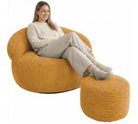 Pouf XXL en Velours côtelé déhoussable - 110 x 100 cm + Repose-pieds - Bananair - Jaune moutarde