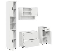 POUFGDR Ensemble de Meubles de Salle de Bain 4 Pièces Blanc | Bois d'ingénierie et métal, installation murale, étagères, tiroirs, compartiments cachés, entretien facile