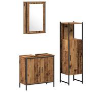 POUFGDR Ensemble de Mobilier de Salle de Bain 3 pc Marron | Bois d'ingénierie, accents en verre, miroir plan, meuble de lavabo, cabinet, montage mural, style minimaliste