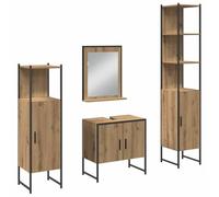 POUFGDR Ensemble de mobilier de Salle de Bain 4 pc Marron | Bois d'ingénierie,portes à fleur,poignées en barre,pieds en poteau,miroir inclus,rangement optimisé,usage hôtel
