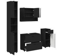 POUFGDR Ensemble de Mobilier de Salle de Bain 4 pc Noir | Bois d'ingénierie et métal, portes affleurantes, poignées en barre, étagères, tiroirs lisses, compartiments cachés, montage