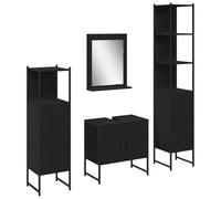 POUFGDR Ensemble de Mobilier de Salle de Bain 4 pc Noir | Bois d'ingenierie, portes a fleur, poignees en barre, pieds en poteau, miroir inclus, entretien facile