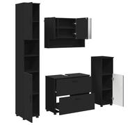 POUFGDR Ensemble de Mobilier de Salle de Bain 4 pc Noir | Meuble sous lavabo, miroir, meuble bas, meuble haut, bois d'ingénierie et métal, design mural, rangement serviettes