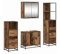 POUFGDR Ensemble de Mobilier de Salle de Bain 4 Pièces Bois Ancien Mural | Bois d'ingénierie résistant à l'humidité,miroir-placard,placard de lavabo,placards hauts et bas,porte affleurante,poignées