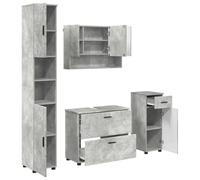 POUFGDR Ensemble de Mobilier de Salle de Bain 4 Pièces Gris Béton | Bois d'ingénierie et métal, installation murale, tiroirs lisses, compartiments cachés, entretien facile