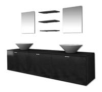 POUFGDR Ensemble Meuble Lavabo 8 Pièces Noir avec 2 Lavabos et 3 Étagères | Armoire murale à 3 tiroirs, 2 miroirs, 2 lavabos céramique, 3 étagères, bouchons de vidange et accessoires de montage inclus