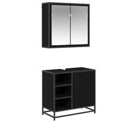 POUFGDR Ensemble Meuble Salle De Bain 2 Pc Chêne Noir Miroir Mural | Bois d'ingénierie,miroir plan,pieds métal noir,poignées barres,étagères,porte affleurante,nettoyage chiffon humide