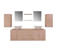 POUFGDR Ensemble Meuble Salle De Bain avec Lavabo 9 Pcs Beige | Armoire murale,2 tiroirs,lavabos céramique,miroirs,étagères,aggloméré,montage au-dessus comptoir,bouchons vidange