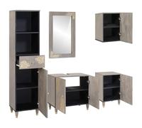 POUFGDR Ensemble Meubles Salle de Bain 5 pc Gris 62 x 33 x 58 cm | Bois de manguier massif, accents dorés, meuble sous lavabo, miroir, cabinet mural, design mural
