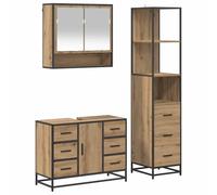 POUFGDR Ensemble Mobilier Salle De Bain 3 Pièces Chêne Artisanal | Meuble miroir, meuble lavabo, cabinet, bois d'ingénierie, pieds métal, poignées contemporaines, entretien facile