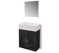 POUFGDR Meubles de Salle de Bains 3 Pièces Noir avec Miroir et Lavabo | Armoire lavabo murale,miroir,lavabo céramique,panneaux particules,bouchon vidange,accessoires montage