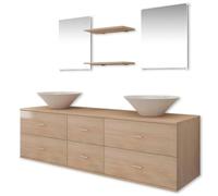POUFGDR Mobilier De Salle De Bain avec Lavabo 7 Pcs Beige | 2 miroirs,2 étagères,2 lavabos céramique,4 tiroirs,aggloméré,2 bouchons de vidange,accessoires de montage