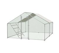 Poulailler 3 x 4 m avec échelle, enclos à roue libre avec serrure de sécurité, toit en polyéthylène imperméable, cadre en acier galvanisé, argenté