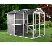 Poulailler en bois avec enclos - 10 poules - L. 266 x P. 174 x H. 205 cm - Blanc et gris - FERAS