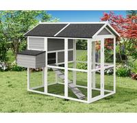 Poulailler en bois avec enclos - 8 poules - L. 201 x P.142 x H. 171 cm- Gris et blanc - GALLUS