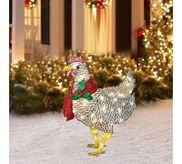 Poule lumineux avec écharpe Décoration de vacances, Poulet en métal Ornements de Noël à énergie solaire avec 50 mini lumières, coq, piquets de jardin pour pelouse, décoration extérieure