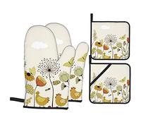 Poule Papillons Volants Parmi Les Fleurs Ensembles de Gants de Four et de maniques, lavables et résistants à la Chaleur Gants de Four antidérapants imprimés pour Micro-Ondes, Barbecue, Cuisson, Gril