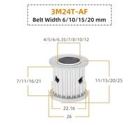Poulie à courroie 3 M 24 dents, pas de en arc cercle, poulie alliage mm, alésage 5/6/6,35/8/10/12, largeur distribution 6/10/15/20(8 mm,2pcs/Belt width 10 mm)