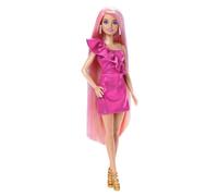 Poup e Barbie avec cheveux blonds extra-longs arc-en-ciel et robe pois color block, 10 accessoires de coiffure et de mode