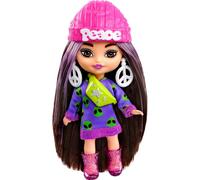 Poup e Barbie Extra Mini Minis avec cheveux bruns, robe pull extraterrestre, accessoires sur le th me du signe de la paix et support 3,25 pouces
