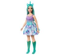 Poup e Barbie Licorne avec des cheveux fantaisie turquoise, une tenue pastel, un corps courb et des accessoires sur le th me de la licorne