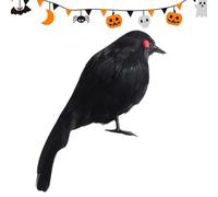 Poupangke Corbeau noir réaliste | Véritables corbeaux noirs à plumes d'Halloween - 16,3 cm Accessoires lumineux en forme de citrouille pour fête, cour, arbre, jardin, terrasse, décorations intérieures
