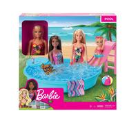 Barbie Mobilier Coffret poupée Blonde en Maillot de Bain et sa Piscine, avec Toboggan, Serviette et Verres de Cocktail, Jouet pour Enfant, GHL91