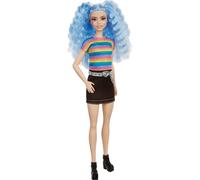 Poupée Barbie Fashionistas (cheveux bleus) en chemise et jupe arc-en-ciel