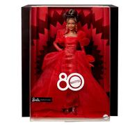 Barbie Poupée Barbie Spécial 80ème Anniversaire de Mattel Poupée emblématique à collectionner dans une robe en tulle rouge pailletée avec pendants d’oreilles et gants transparents, brune, JBJ18