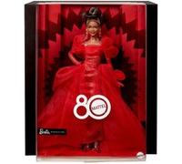Barbie Poupée Barbie Spécial 80ème Anniversaire de Mattel Poupée emblématique à collectionner dans une robe en tulle rouge pailletée avec pendants d’oreilles et gants transparents, brune, JBJ18